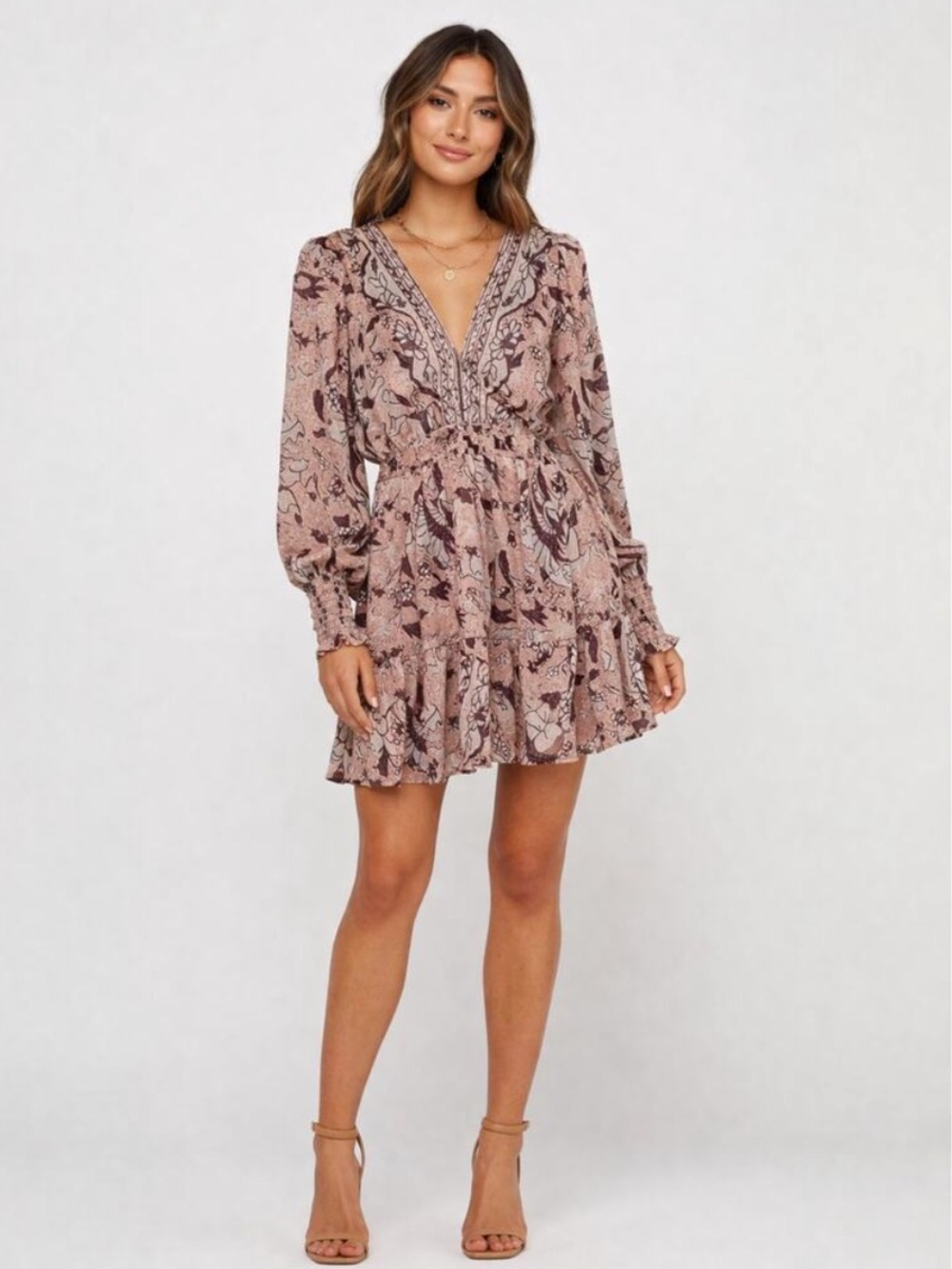 O.P.T Lurex Pink Floral Mini Dress Bohemian Long Sleeves Size Small